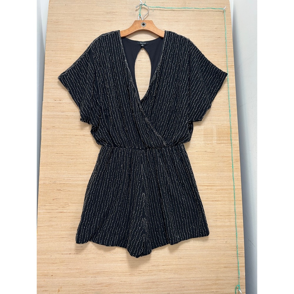Verty Black Beaded Stripe Romper Small Silver Embellished Wrap Keyhole Back